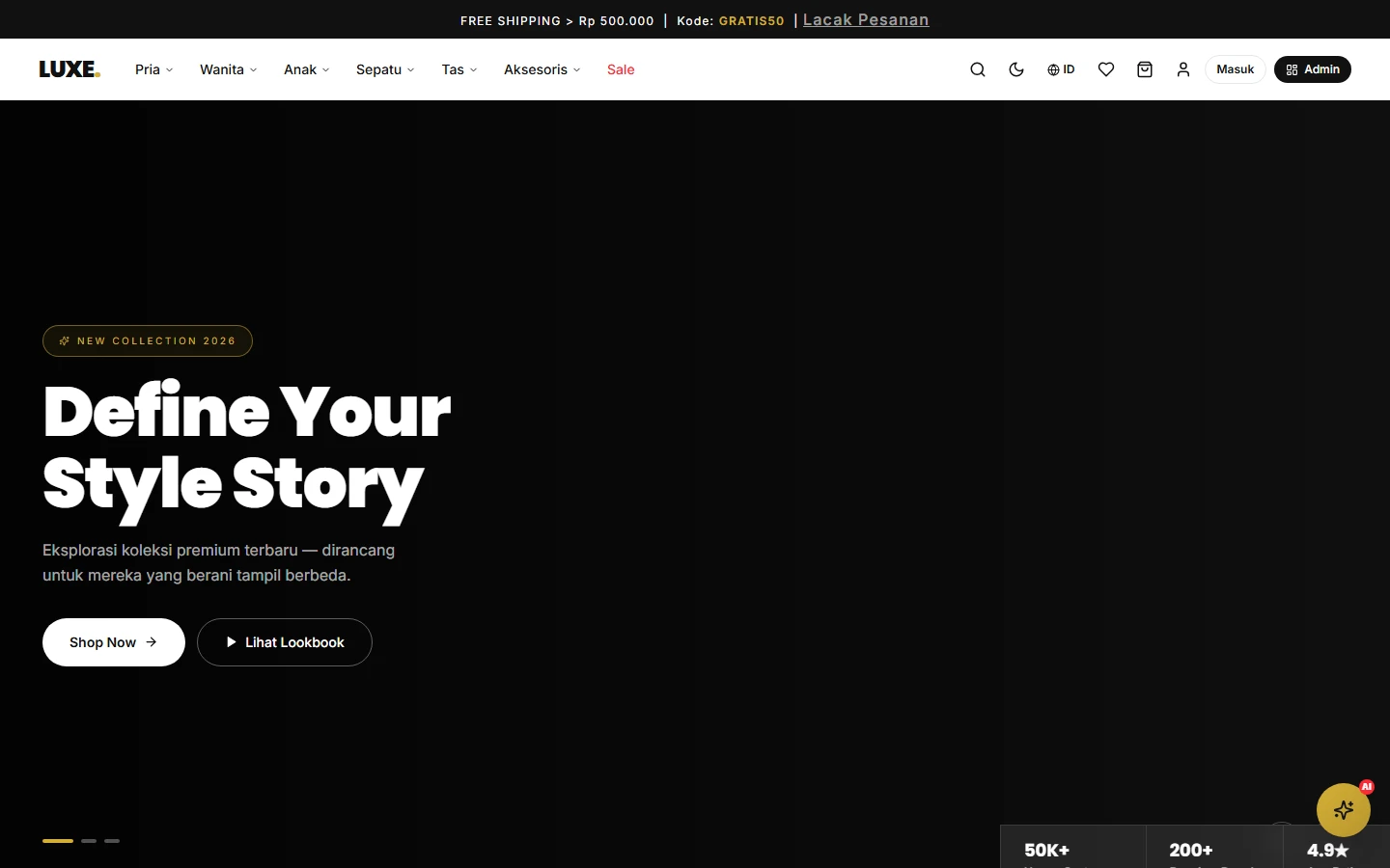 Homepage — hero section, live shopping banner & trending products in premium black-gold design