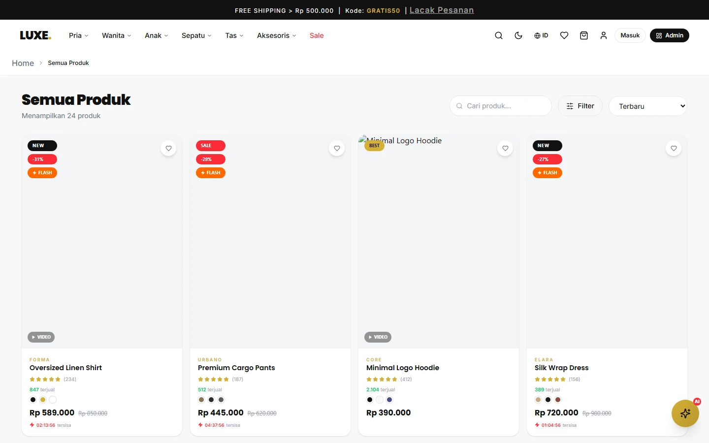 Product Detail — image gallery, size selector, add to cart, product comparison