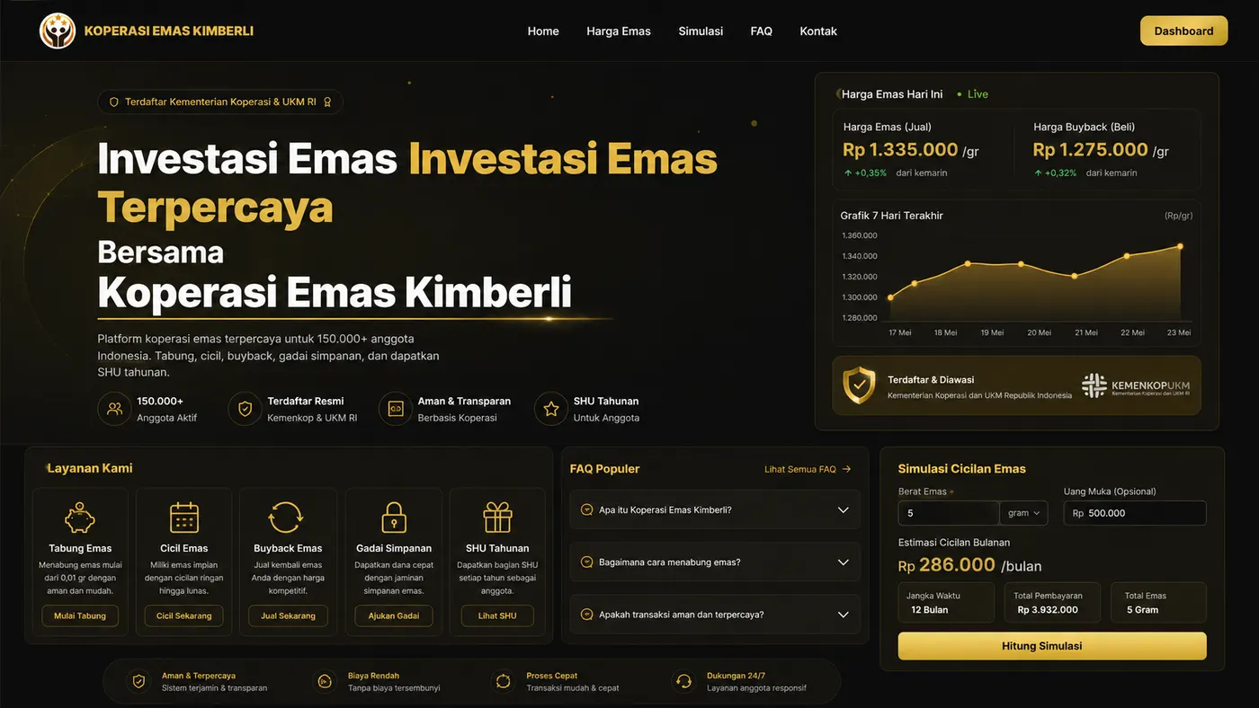 Beranda — harga emas live, simulasi cicilan, dan ringkasan layanan dalam satu layar