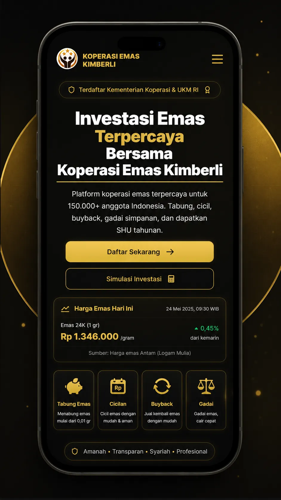 Tampilan Mobile — akses harga emas dan simulasi investasi langsung dari HP