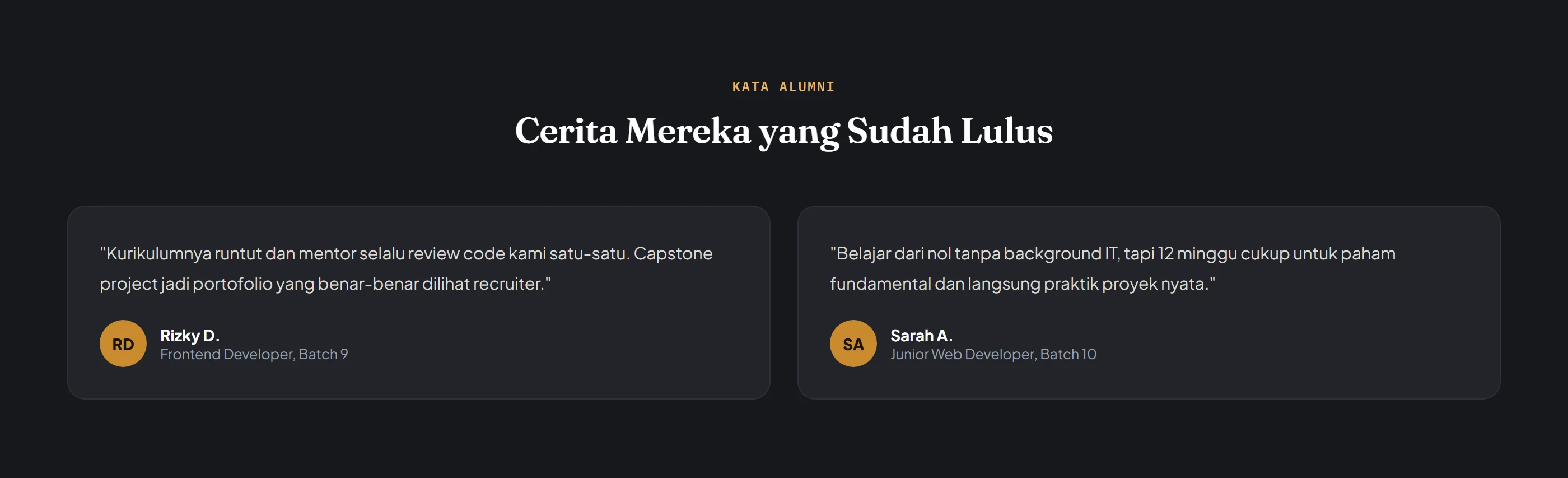 Testimoni Alumni — cerita nyata dari peserta yang sudah lulus